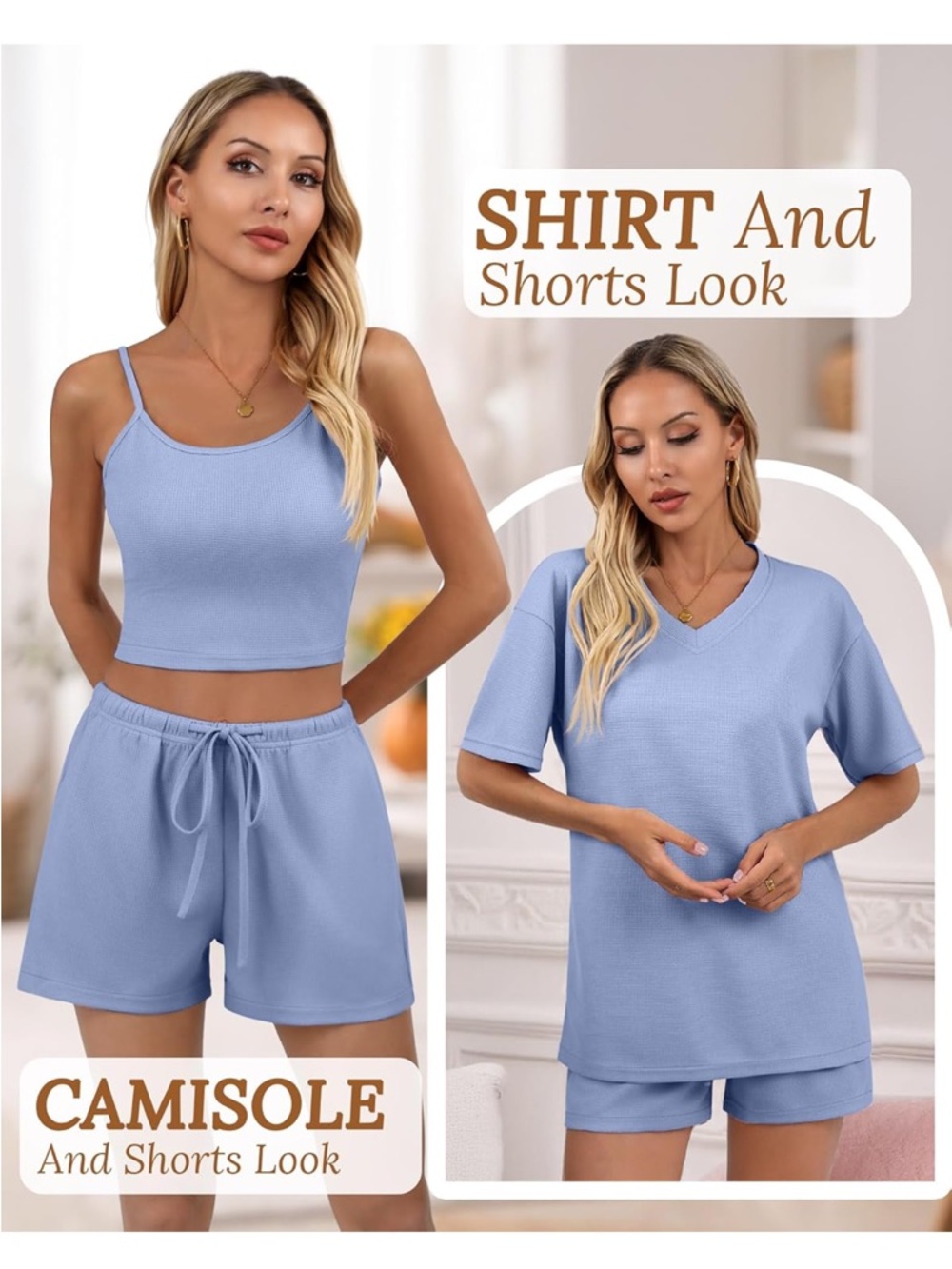 New Open Box Blue Huukeay Women's 3 Piece Waffle Casual Cami Shorts Set, Summer